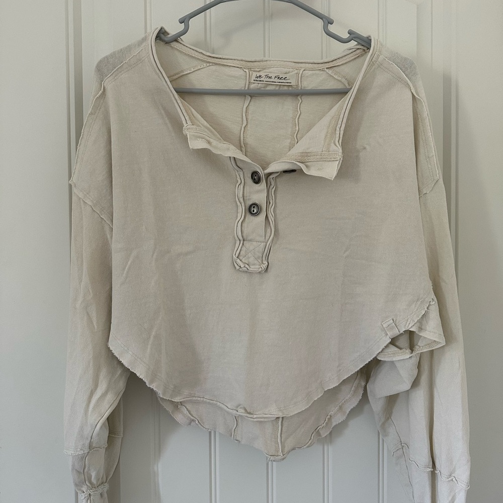 We The Free Tan Cream Long Sleeve Polo Crop Top